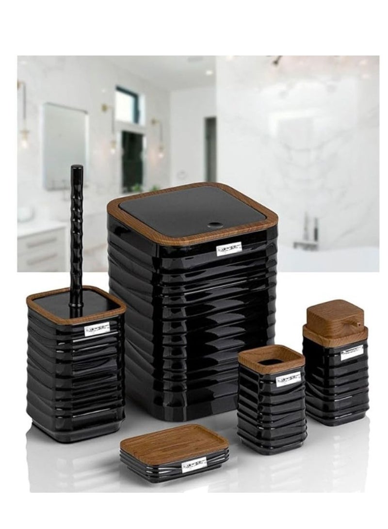 Luna Square 5 Piece Bathroom Set Soap Dish Soap Dispenser Trash Can Toilet Brush And Holder Toothbrush Holder Wooden Lid -Black - Image 1