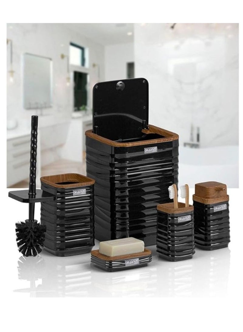 Luna Square 5 Piece Bathroom Set Soap Dish Soap Dispenser Trash Can Toilet Brush And Holder Toothbrush Holder Wooden Lid -Black - Image 4