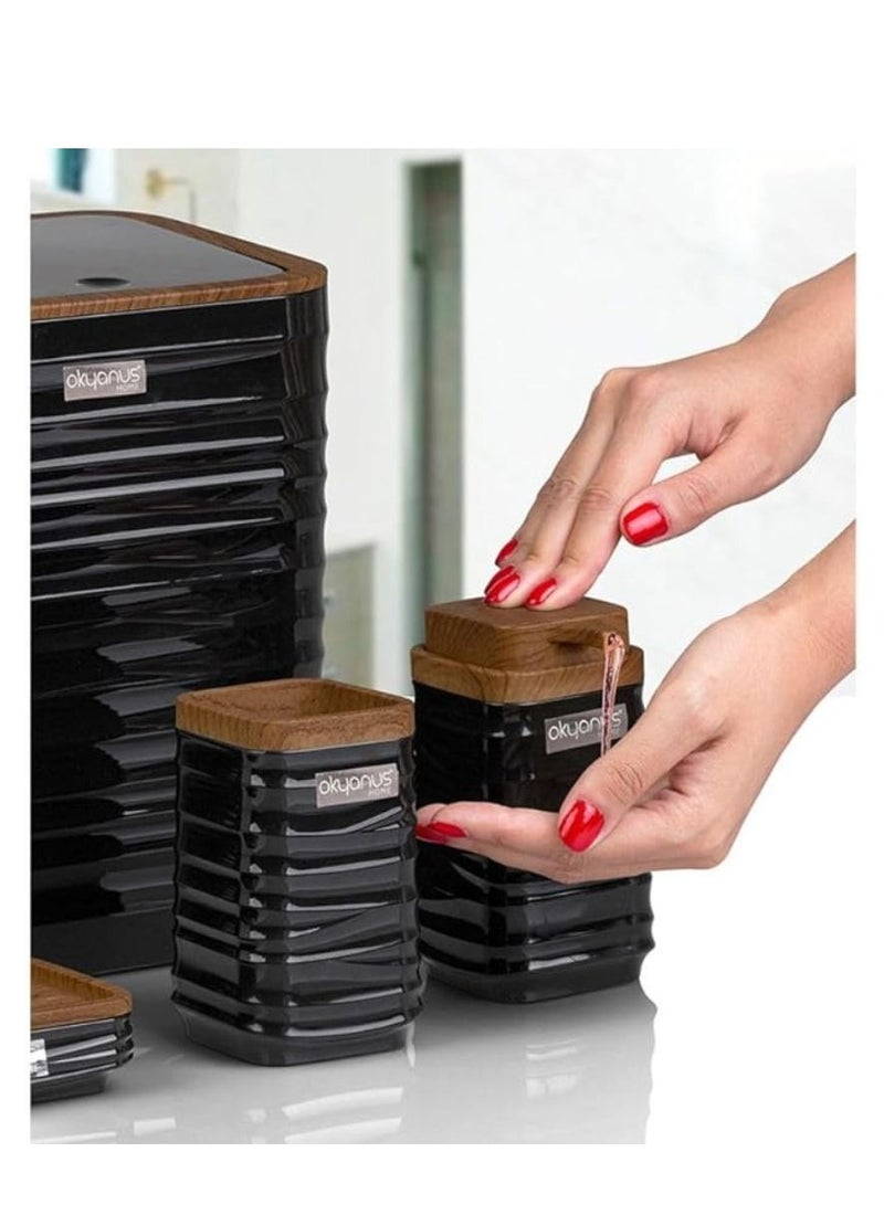 Luna Square 5 Piece Bathroom Set Soap Dish Soap Dispenser Trash Can Toilet Brush And Holder Toothbrush Holder Wooden Lid -Black - Image 3