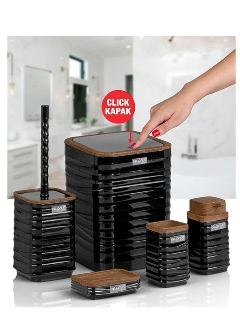 Luna Square 5 Piece Bathroom Set Soap Dish Soap Dispenser Trash Can Toilet Brush And Holder Toothbrush Holder Wooden Lid -Black - Image 2