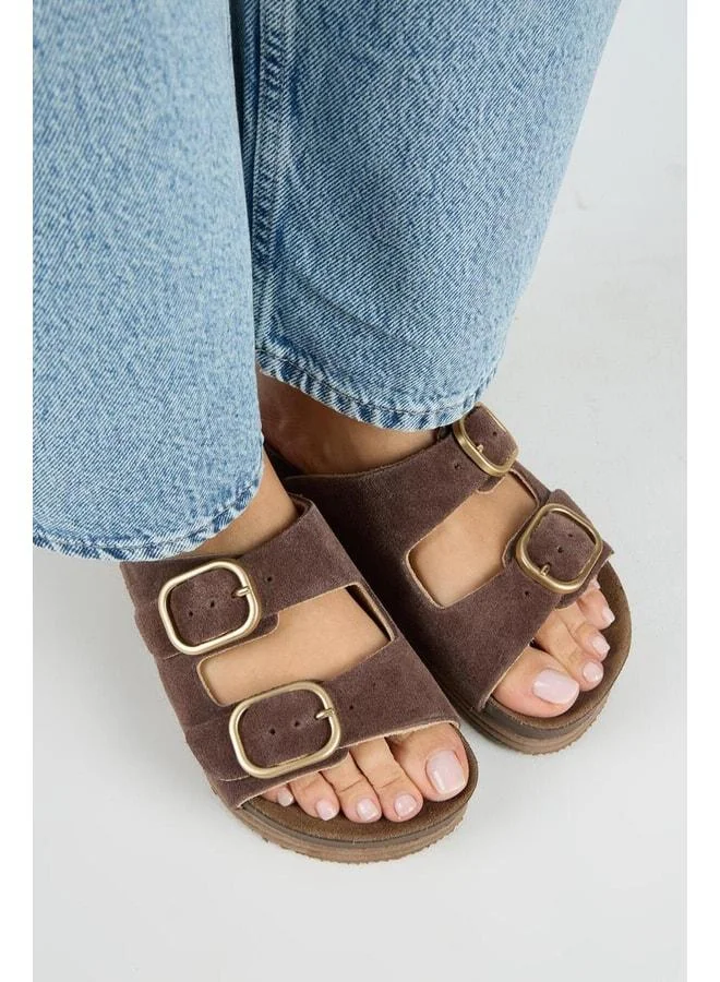 Manijero  Alexa Women's Genuine Leather Double Buckle Platform Coffee Slippers. for Women | Best Price UAE