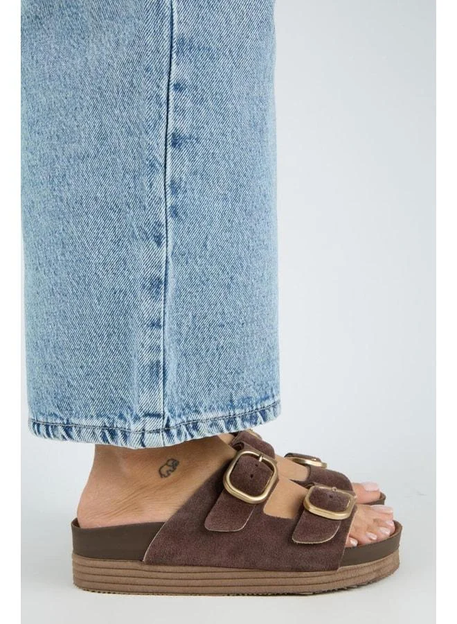Alexa Women's Genuine Leather Double Buckle Platform Coffee Slippers.