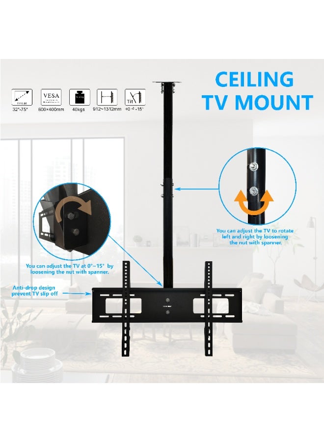 ستارجولد حامل تلفزيون عالمي للسقف مقاس 32-75 بوصة، قابل للتعديل والدوران والانحناء، مناسب لمعيار VESA 600x400، أقصى حمولة 40 كجم و88 رطلاً - Image 2