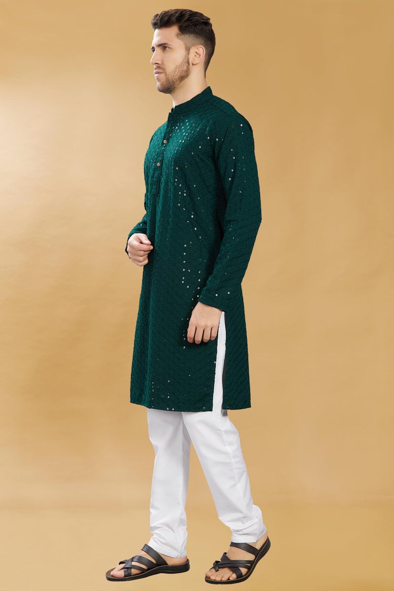 DIVISIVE Men's Sequince Embroidered Cotton Blend Only Slim Fit Kurta (DKRT580_M_Bottle Green) - Image 3
