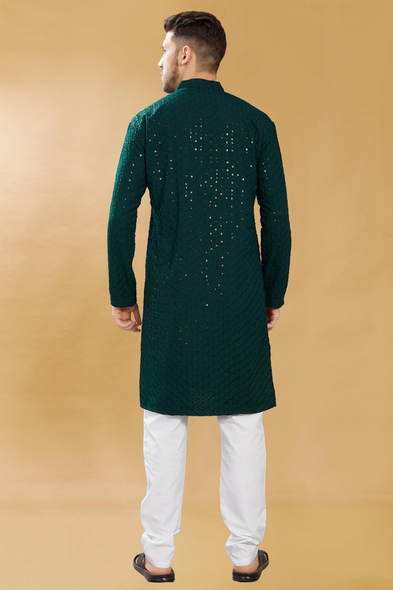 DIVISIVE Men's Sequince Embroidered Cotton Blend Only Slim Fit Kurta (DKRT580_M_Bottle Green) - Image 4