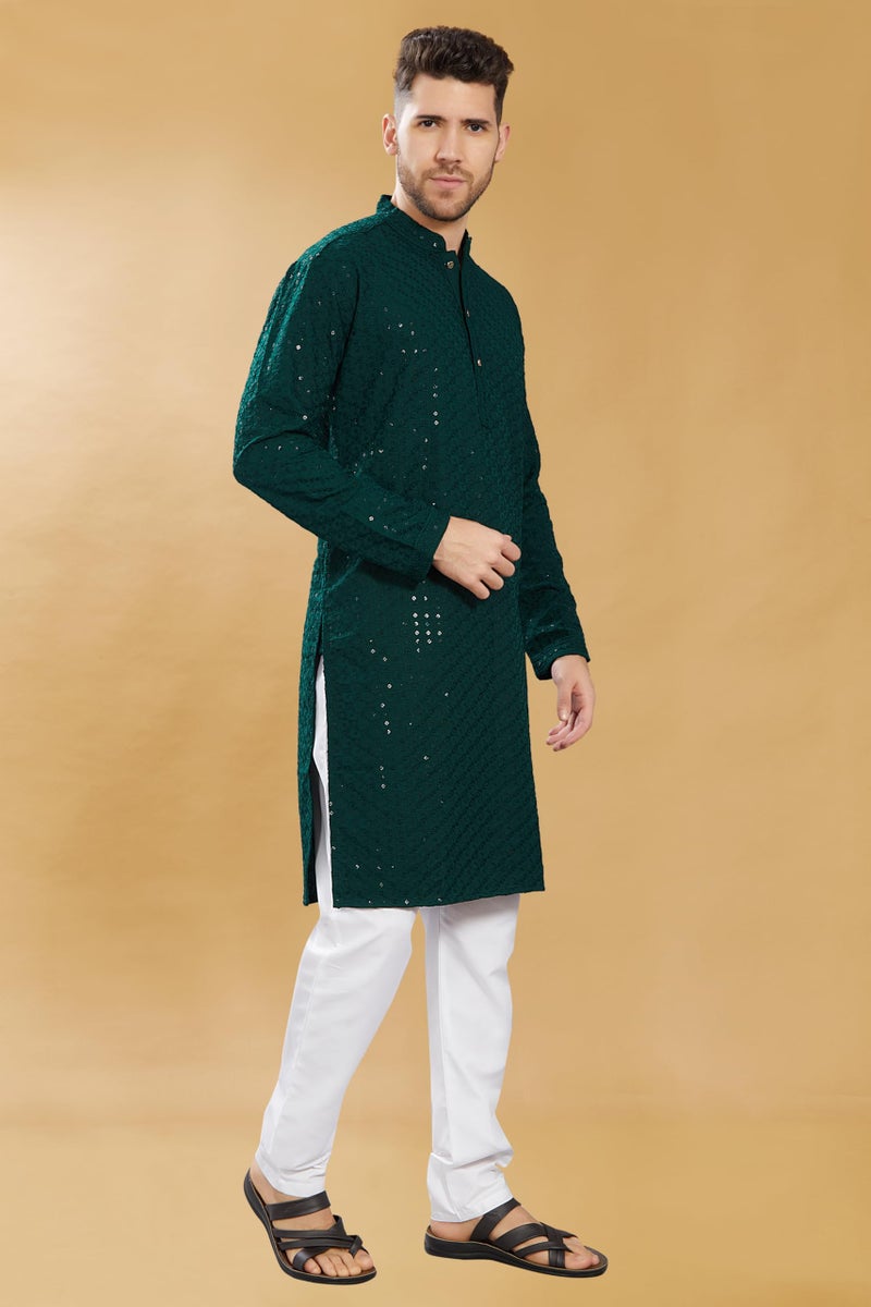 DIVISIVE Men's Sequince Embroidered Cotton Blend Only Slim Fit Kurta (DKRT580_M_Bottle Green) - Image 2