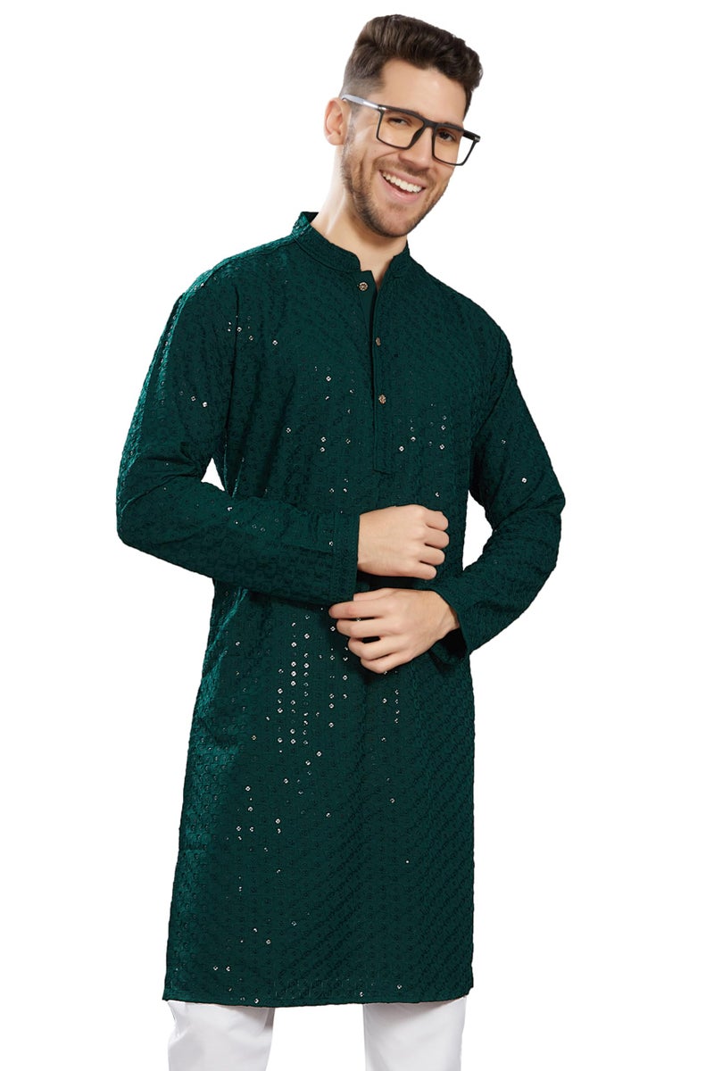 DIVISIVE Men's Sequince Embroidered Cotton Blend Only Slim Fit Kurta (DKRT580_M_Bottle Green) - Image 1
