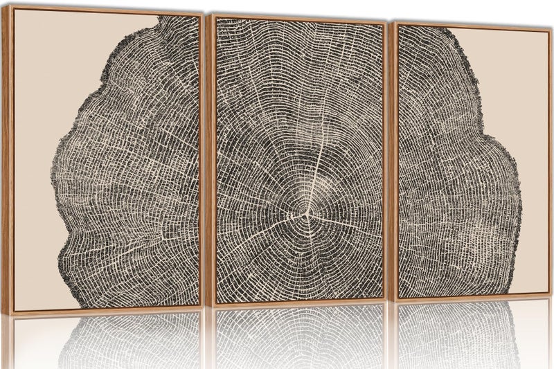 SIKERIC 3 Piece Wood Tree Ring Wall Art, (16X24 inch) Black and White Print Wall Art Set, Large Framed Canvas Art Wall Decor, Modern Abstract Nature Art Paintings for Living Room, Bedroom, Office - Image 1