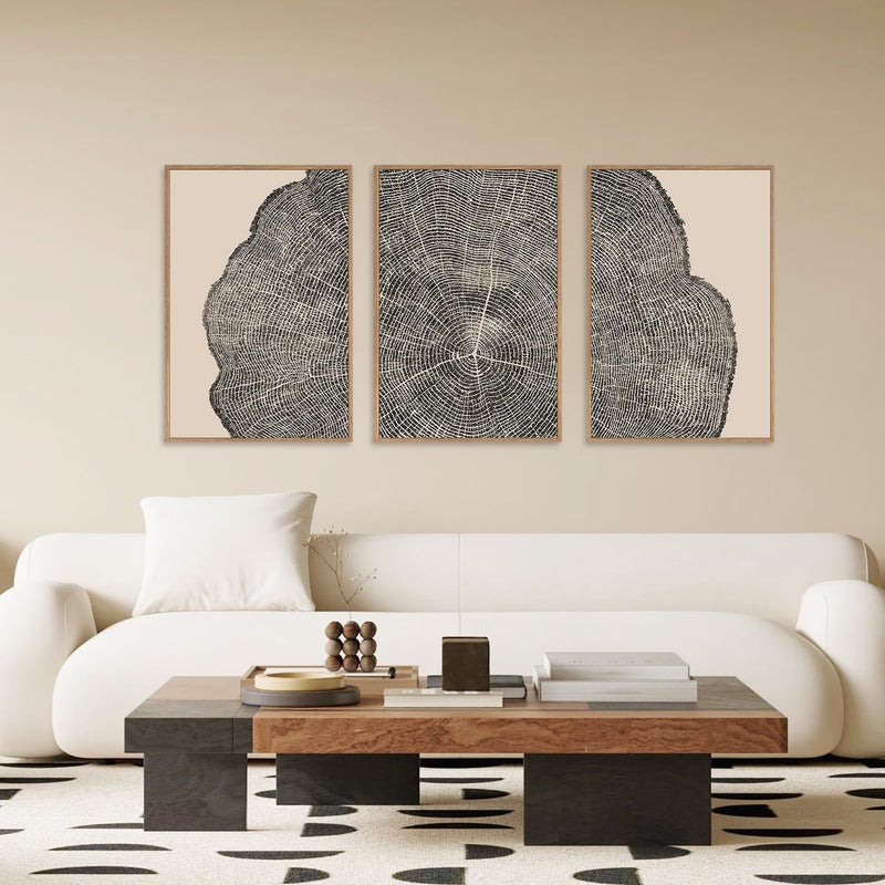 SIKERIC 3 Piece Wood Tree Ring Wall Art, (16X24 inch) Black and White Print Wall Art Set, Large Framed Canvas Art Wall Decor, Modern Abstract Nature Art Paintings for Living Room, Bedroom, Office - Image 3