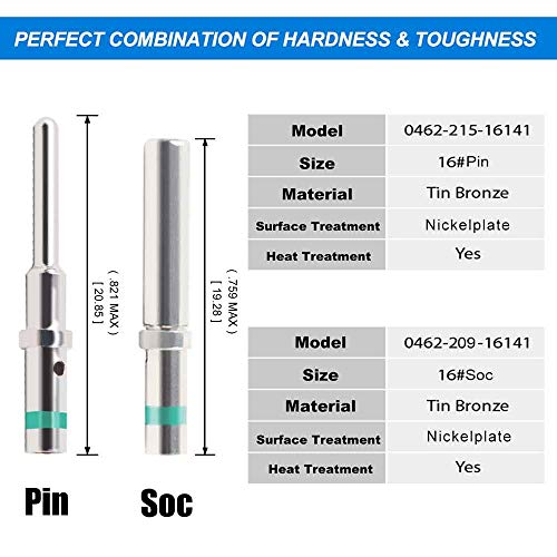 JRready ST6118 DT Connector Terminal Kit Contact Size 16, Male Pins 0460-215-16141/Female Sockets 0462-209-16141 Solid Contacts Wire Gauge 14-20 AWG, 100 Pairs - Image 4