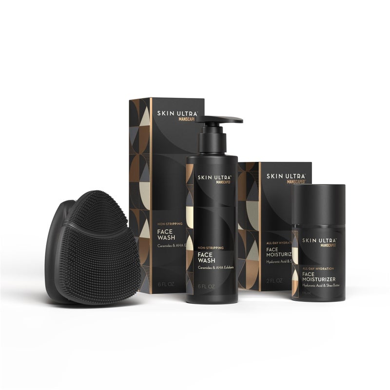 MANSCAPEDÂ® Skin Ultraâ„¢ Starter Kit - Men's Daily Skincare Routine with Face Buffer PRO Electric Silicone Scrubber, Exfoliating Face Wash with Ceramides, Facial Moisturizer Infused with Hyaluronic Acid - Image 1