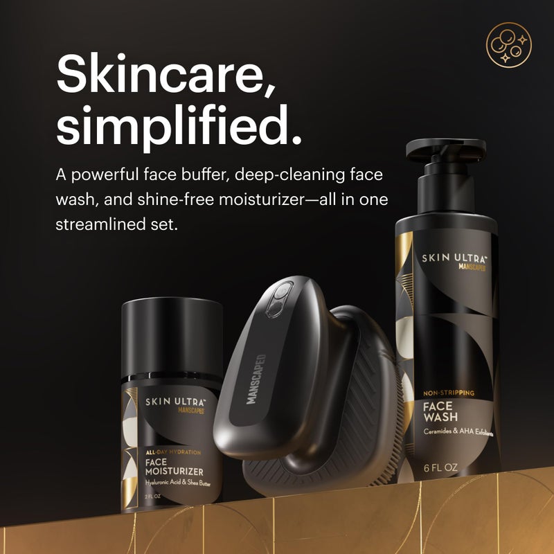 MANSCAPEDÂ® Skin Ultraâ„¢ Starter Kit - Men's Daily Skincare Routine with Face Buffer PRO Electric Silicone Scrubber, Exfoliating Face Wash with Ceramides, Facial Moisturizer Infused with Hyaluronic Acid - Image 3
