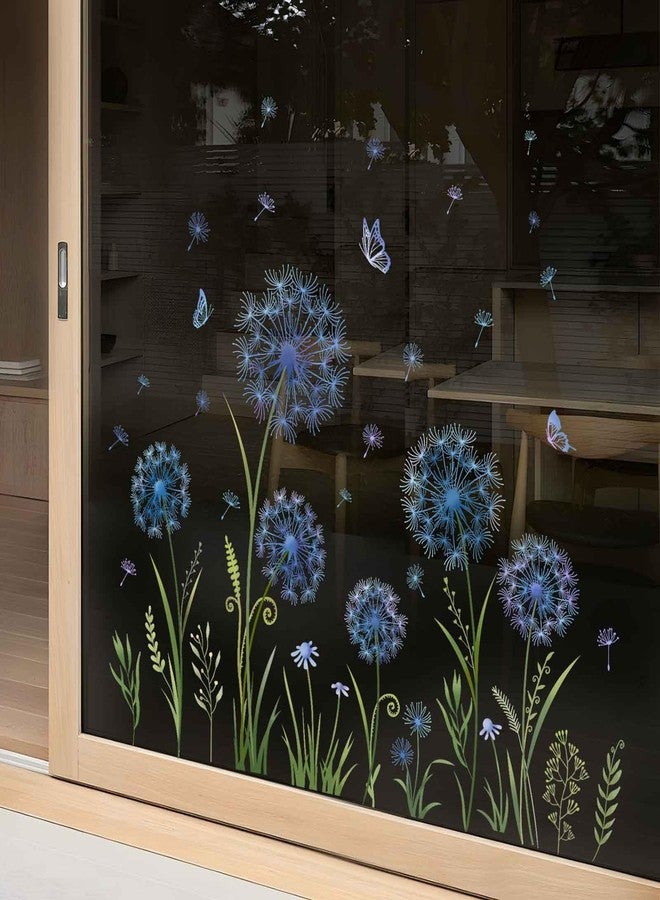 Supzone Dadenlion Flower Window Clings Blue Dadenlion Floral Butterflies Window Stickers Spring Summer Static Window Decals for Home Store Window Glass Door Decoration - Image 1
