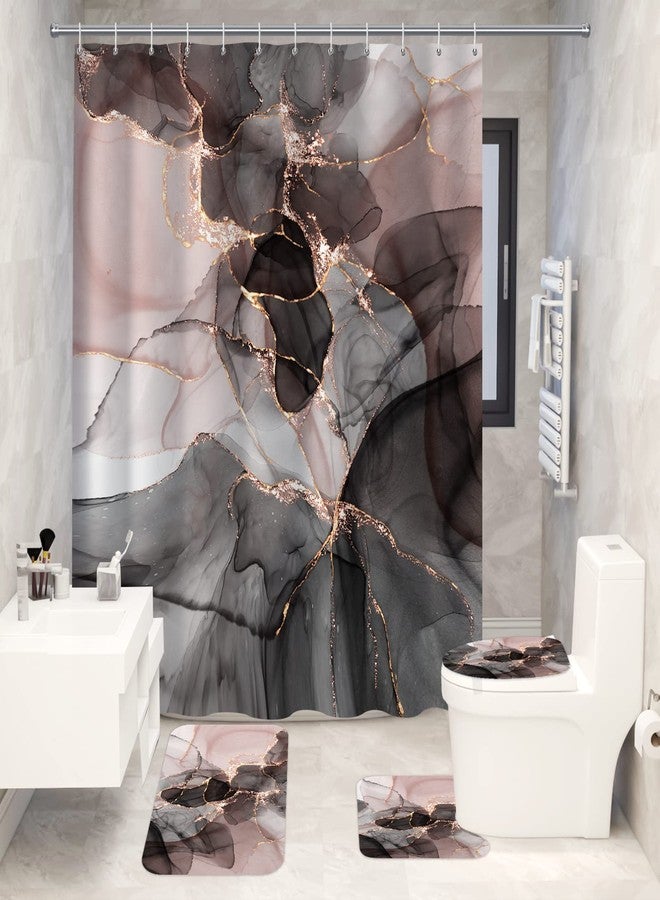 Seorsok Pink Gold Marble Shower Curtain Sets 4 Piece with Rugs,Black Pink Gold Bathroom Sets with Shower Curtain and Rugs and Accessories, Modern Bathroom Decor with Bath Mats and 12 Plastic Hooks - Image 4