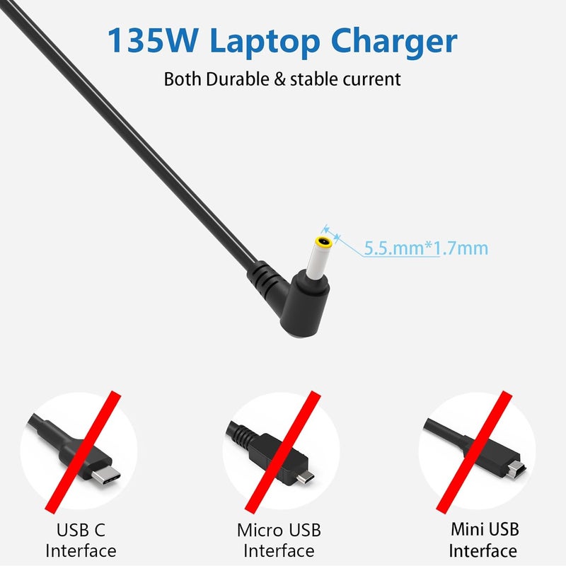 شاحن كمبيوتر محمول بقدرة 135 واط متوافق مع Acer Nitro 5 7 Aspire Predator Helios AN515-51 41 42 52 53 AN715-51 N18C3 AN517-51 N18C4 AN515-55-53AG AN515-44-R99Q محول طاقة للكمبيوتر المحمول - Image 2