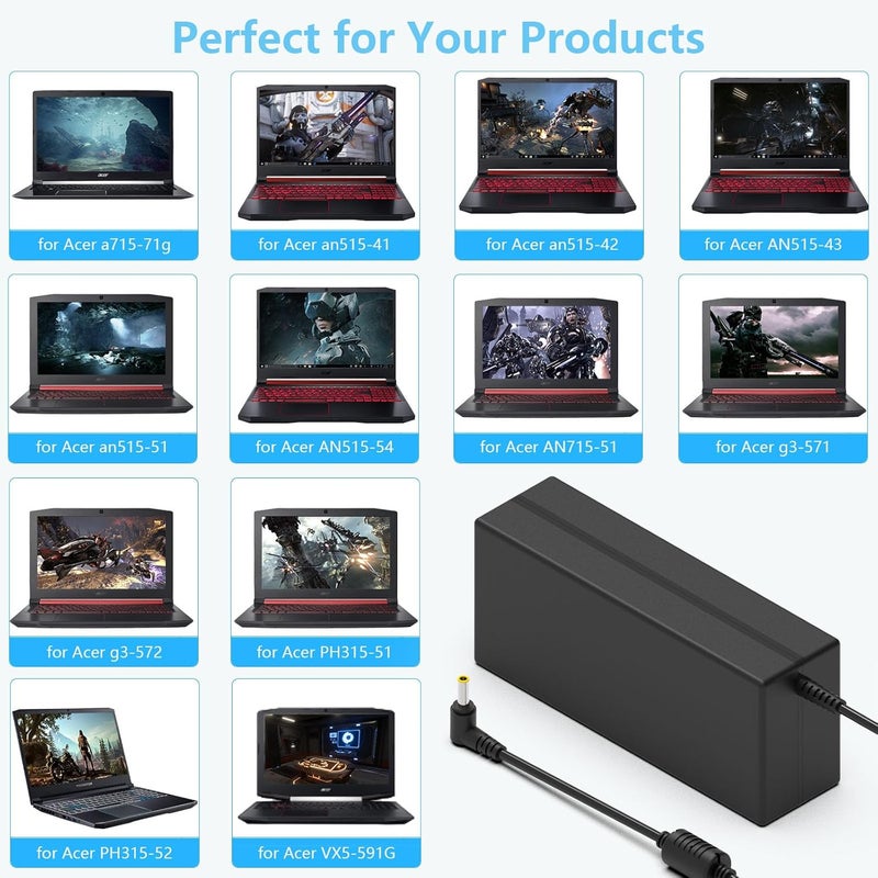 شاحن كمبيوتر محمول بقدرة 135 واط متوافق مع Acer Nitro 5 7 Aspire Predator Helios AN515-51 41 42 52 53 AN715-51 N18C3 AN517-51 N18C4 AN515-55-53AG AN515-44-R99Q محول طاقة للكمبيوتر المحمول - Image 5