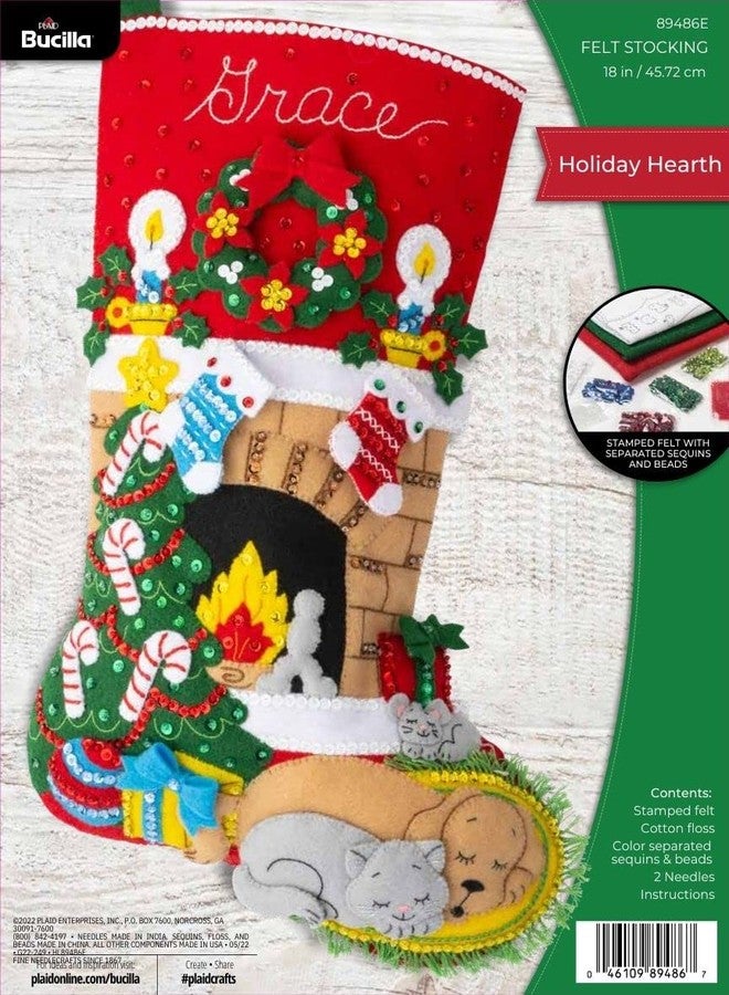 Bucilla Felt Applique 18" Stocking Making Kit, Holiday Hearth, Perfect for DIY Arts and Crafts, 89486E - Image 1