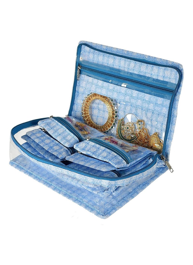 erorex - Check Design Laminated PVC Multipurpose Jewellery Storage Bag Travel Kit With 13 Tranasparent Pouches Blue - Image 1