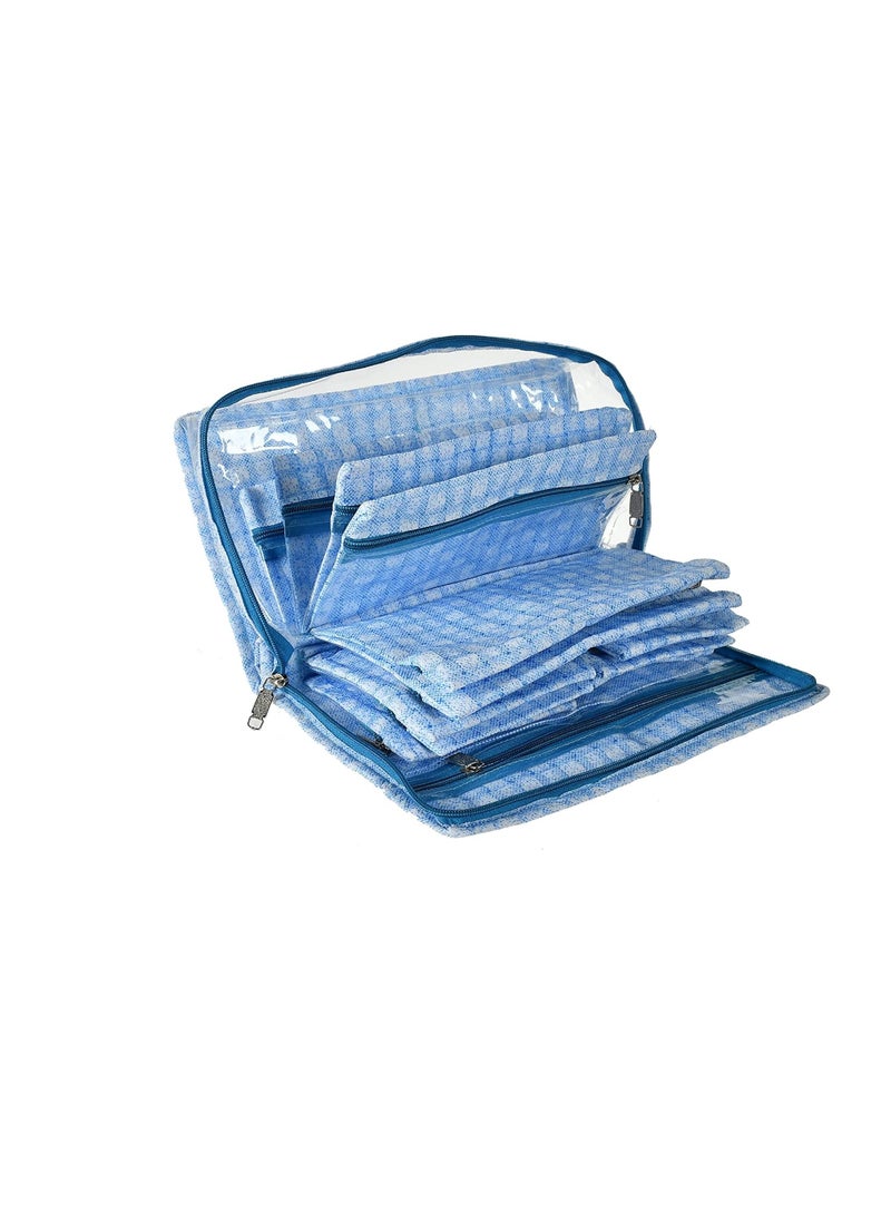 erorex - Check Design Laminated PVC Multipurpose Jewellery Storage Bag Travel Kit With 13 Tranasparent Pouches Blue - Image 1