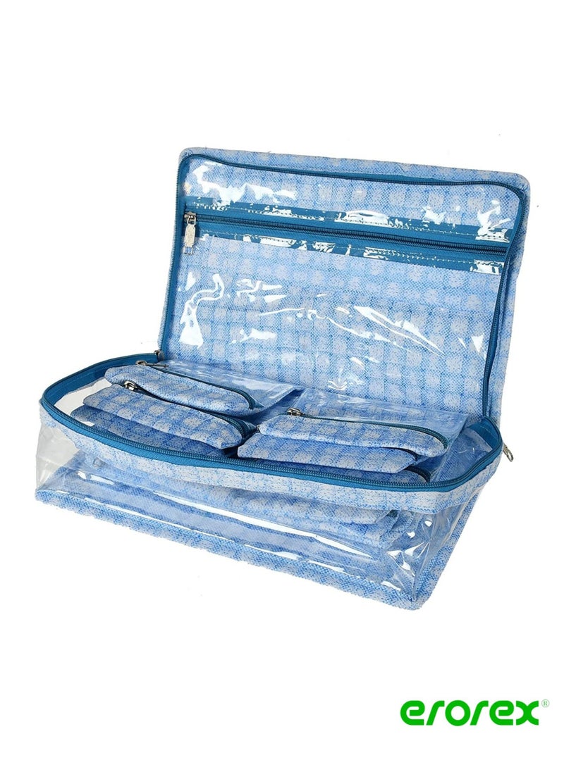 erorex - Check Design Laminated PVC Multipurpose Jewellery Storage Bag Travel Kit With 13 Tranasparent Pouches Blue - Image 1