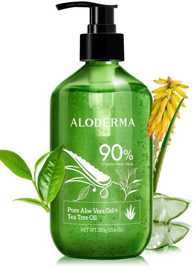 Aloderma Organic Aloe Vera Gel for Skin + Tea Tree Oil, Made within 12 Hours of Harvest, Soothing Pure Aloe Vera Gel for Face, Works Great for Scalp, Acne & Aftershave, All Natural Aloe Gel - 10.6 Oz - Image 1