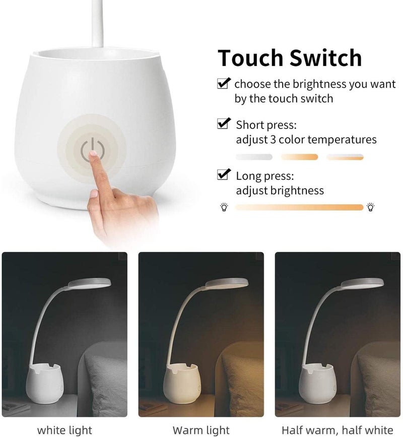 X spring Xspring Desk Lamp for Home Office, LED Desk Lamp with Pen and Phone Holder, Eye Caring Small Table Lamp with 3 Color Light Modes and USB Charging Port, Reading Light for Dorm, Study, Computer Work - Image 2