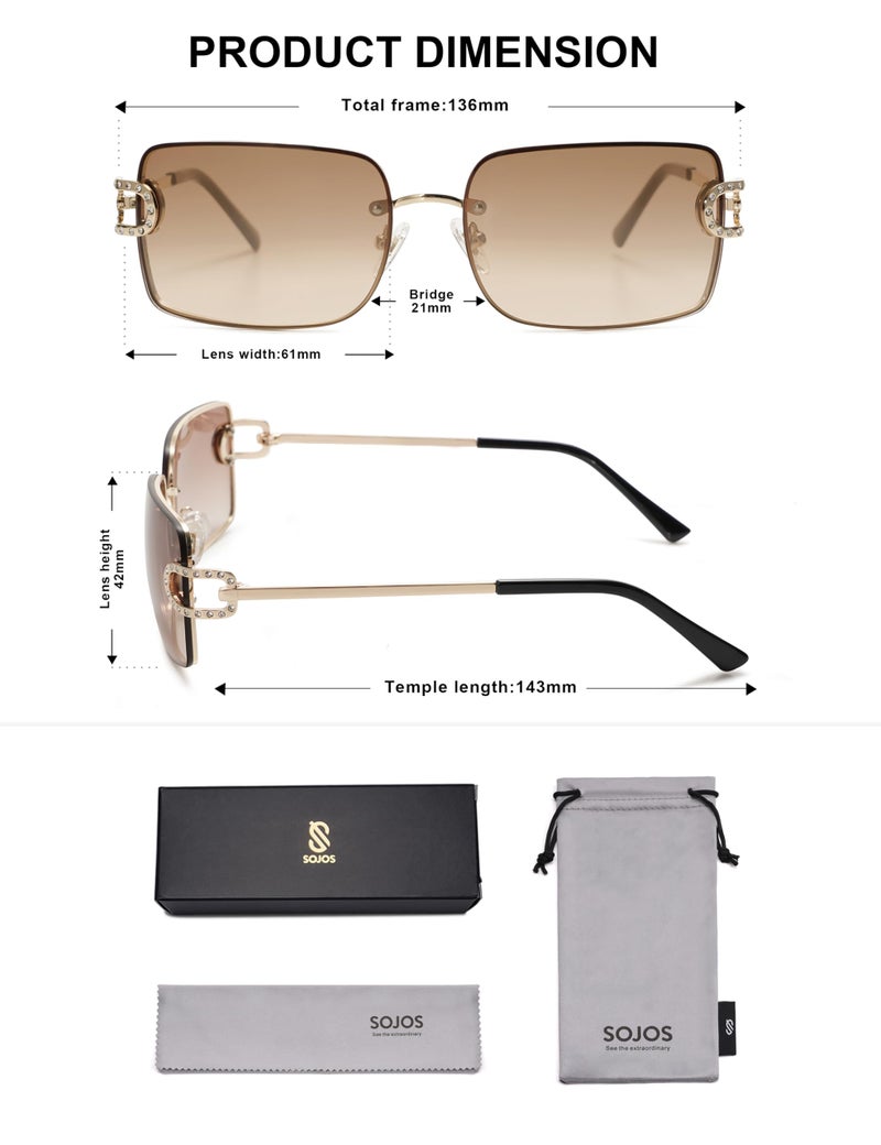 SOJOS Vintage Rectangle Sunglasses for Women,Oversized Trendy Rimless 90s UV400 Womens Y2K Shades SJ1178 Gold With Brown Grading Lens - Image 5
