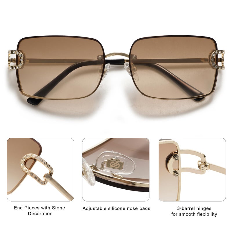 SOJOS Vintage Rectangle Sunglasses for Women,Oversized Trendy Rimless 90s UV400 Womens Y2K Shades SJ1178 Gold With Brown Grading Lens - Image 4