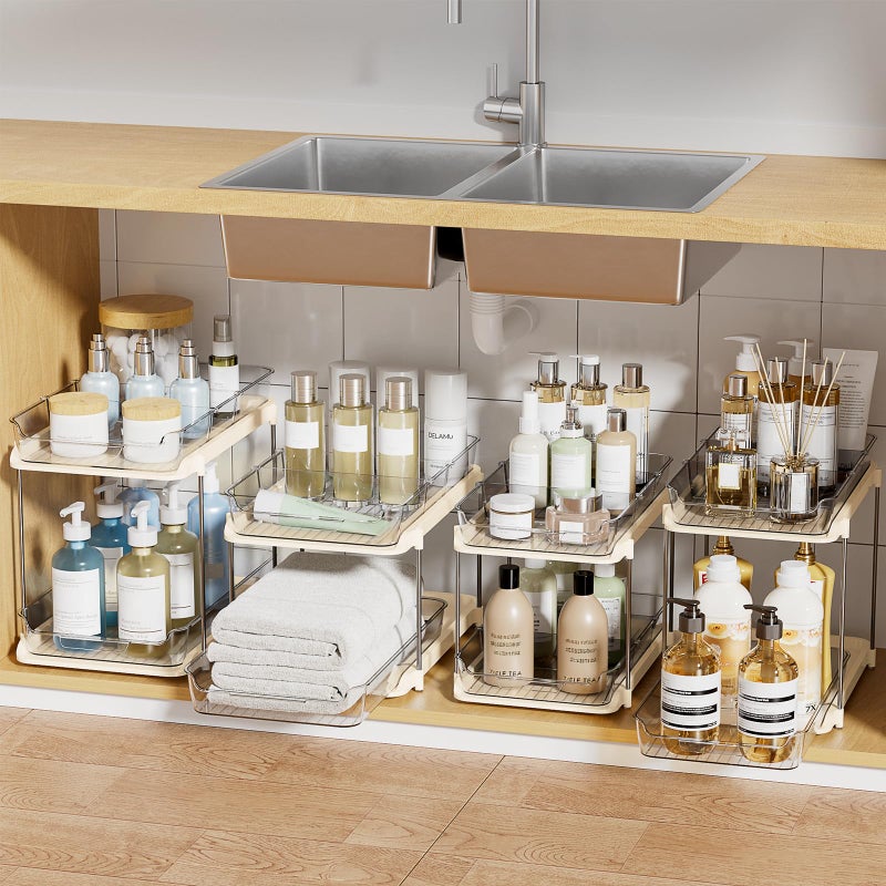 Delamu 2-Tier Multi-Purpose Bathroom Under Sink Organizers and Storage, Stackable Kitchen Pantry Organization, Pull Out Medicine Cabinet Organizer with Movable Dividers, Beige, 4 Pack - Image 1