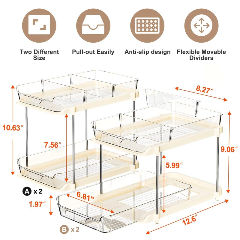 Delamu 2-Tier Multi-Purpose Bathroom Under Sink Organizers and Storage, Stackable Kitchen Pantry Organization, Pull Out Medicine Cabinet Organizer with Movable Dividers, Beige, 4 Pack - Image 2
