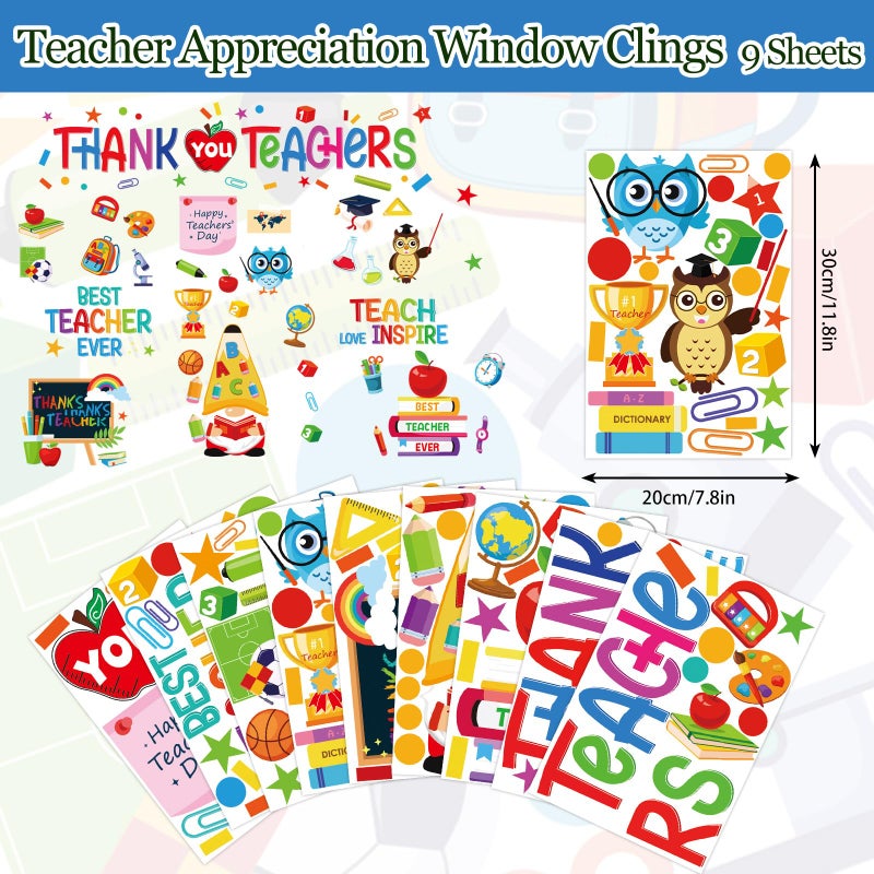 Whaline 9 Sheet 152Pcs Teacher Appreciation Window Clings Cartoon Gnome Owl Apple Window Decals Double-Sided Thank You Teachers Window Decor for Home Back to School Supplies - Image 5