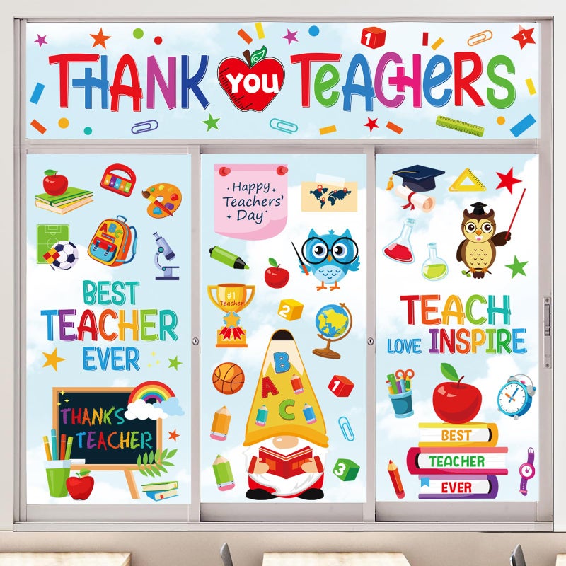 Whaline 9 Sheet 152Pcs Teacher Appreciation Window Clings Cartoon Gnome Owl Apple Window Decals Double-Sided Thank You Teachers Window Decor for Home Back to School Supplies - Image 1