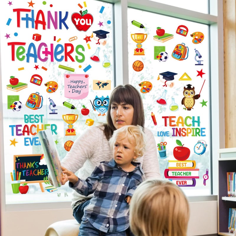Whaline 9 Sheet 152Pcs Teacher Appreciation Window Clings Cartoon Gnome Owl Apple Window Decals Double-Sided Thank You Teachers Window Decor for Home Back to School Supplies - Image 3