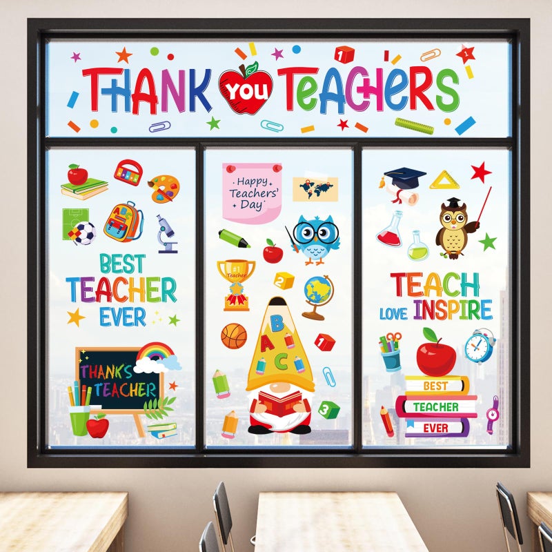 Whaline 9 Sheet 152Pcs Teacher Appreciation Window Clings Cartoon Gnome Owl Apple Window Decals Double-Sided Thank You Teachers Window Decor for Home Back to School Supplies - Image 2