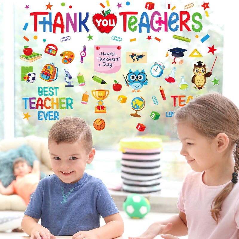 Whaline 9 Sheet 152Pcs Teacher Appreciation Window Clings Cartoon Gnome Owl Apple Window Decals Double-Sided Thank You Teachers Window Decor for Home Back to School Supplies - Image 4