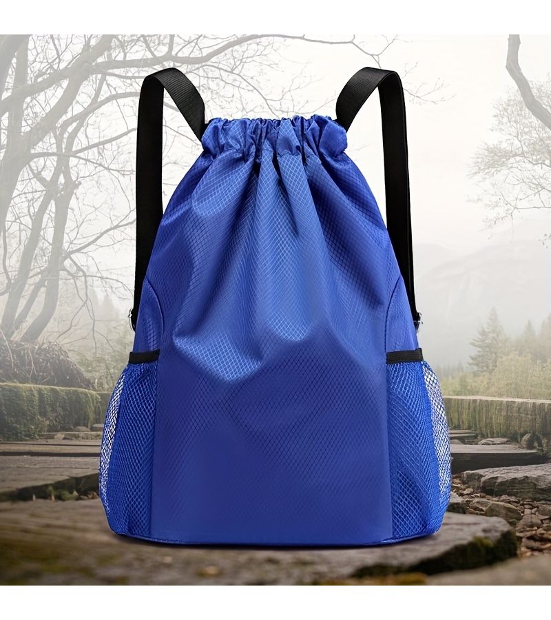 Random Color Neutral Drawstring Backpack With Mesh Side Pockets And Adjustable Shoulder Straps For Travel Sports And Fitness Training - Image 3