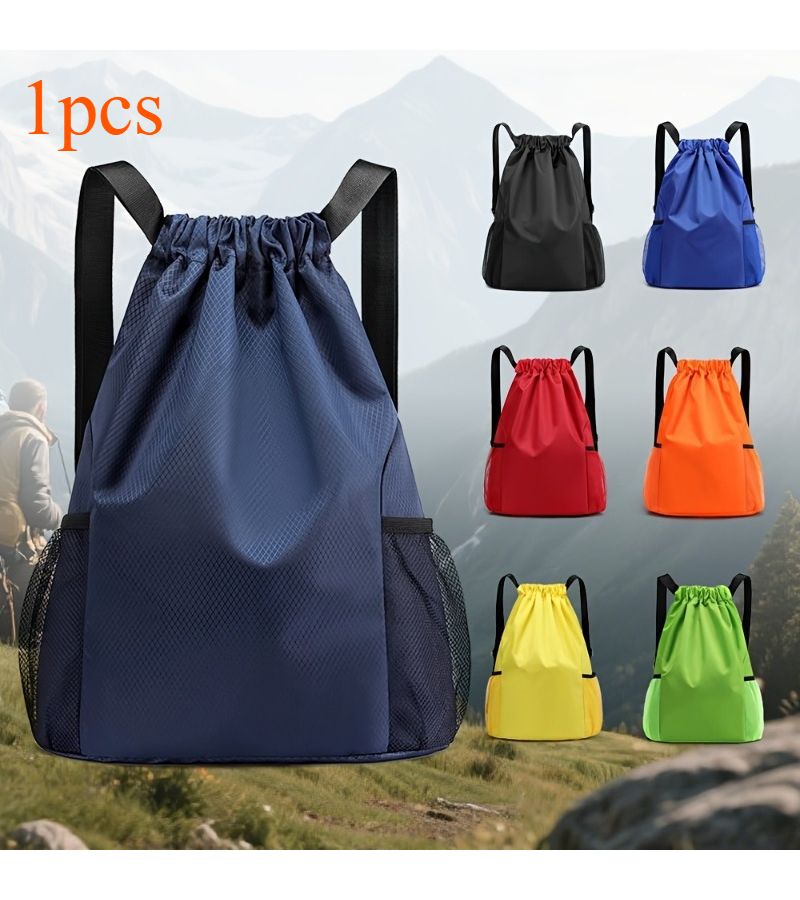 Random Color Neutral Drawstring Backpack With Mesh Side Pockets And Adjustable Shoulder Straps For Travel Sports And Fitness Training - Image 2