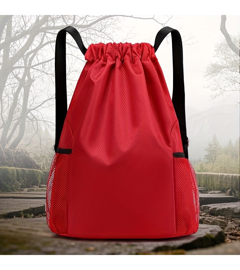 Random Color Neutral Drawstring Backpack With Mesh Side Pockets And Adjustable Shoulder Straps For Travel Sports And Fitness Training - Image 5