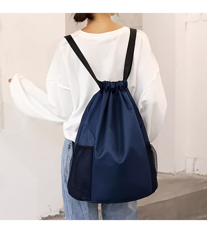 Random Color Neutral Drawstring Backpack With Mesh Side Pockets And Adjustable Shoulder Straps For Travel Sports And Fitness Training - Image 4