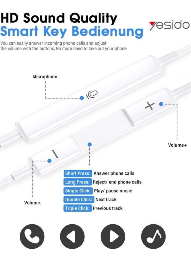 Yesido - YH50 Wired Lightning Jack Earphones with Deep Bass, Clear Microphone, and Multi-Functional Inline Remote – Premium Hands-Free Audio Experience in White for iPhone and iOS Devices - Image 1