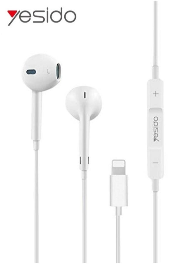 Yesido - YH50 Wired Lightning Jack Earphones with Deep Bass, Clear Microphone, and Multi-Functional Inline Remote – Premium Hands-Free Audio Experience in White for iPhone and iOS Devices - Image 1