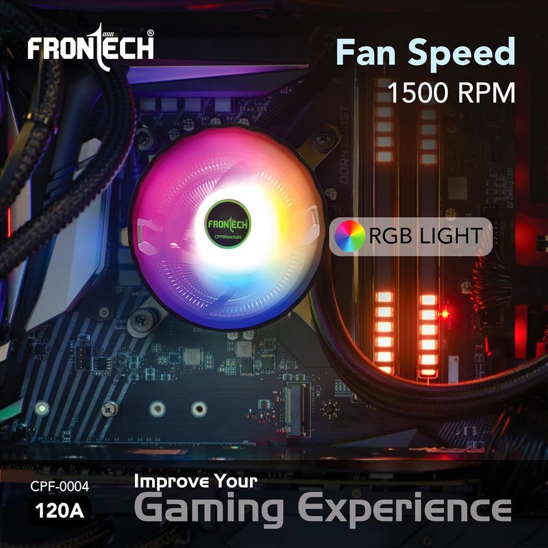 FRONTECH RGB CPU Cooler with Heatsink, 120mm Silent Fan, 1500 RPM, Hydraulic Bearing, 3-Pin 12V Connector, Supports Intel LGA 1700/1200/115x & AMD AM5/AM4 Sockets – (CPF-0004) - Image 3