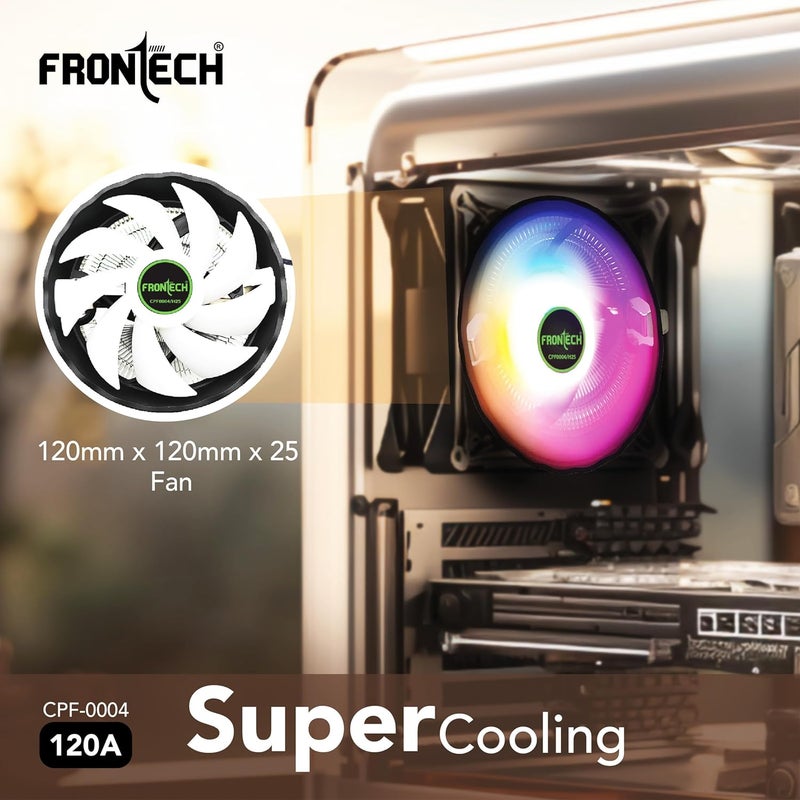 FRONTECH RGB CPU Cooler with Heatsink, 120mm Silent Fan, 1500 RPM, Hydraulic Bearing, 3-Pin 12V Connector, Supports Intel LGA 1700/1200/115x & AMD AM5/AM4 Sockets – (CPF-0004) - Image 2