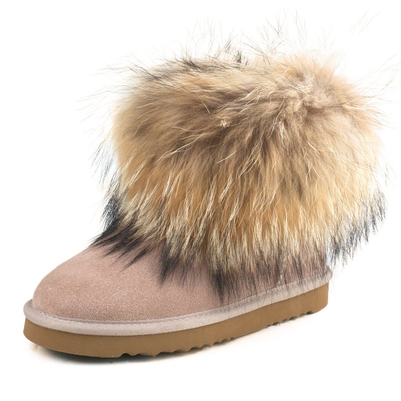 AUSLAND Genuine Suede Waterproof Boots for Women Furry Fur Winter Ankle Boots Warm Fluffy Snow Boot 9.5US Sand 99251 40EU - Image 1