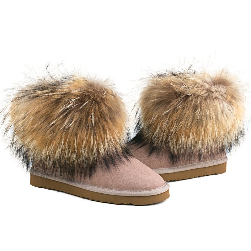 AUSLAND Genuine Suede Waterproof Boots for Women Furry Fur Winter Ankle Boots Warm Fluffy Snow Boot 9.5US Sand 99251 40EU - Image 3