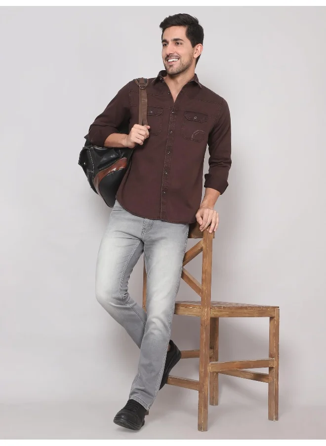 بيونغ Rustic Maroon Cotton Twill Casual Shirt for Men