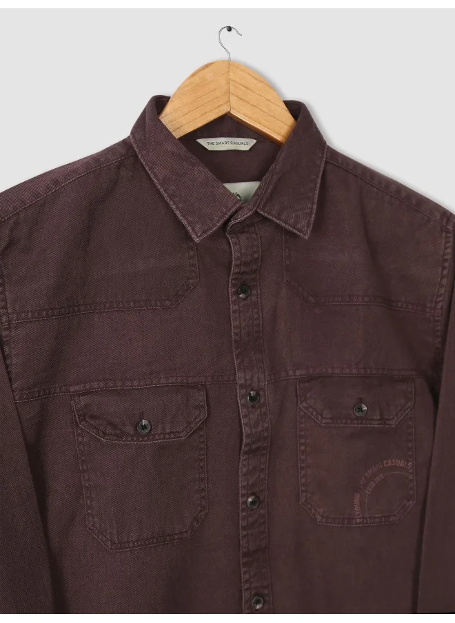 بيونغ Rustic Maroon Cotton Twill Casual Shirt for Men