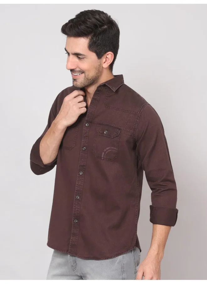 بيونغ Rustic Maroon Cotton Twill Casual Shirt for Men