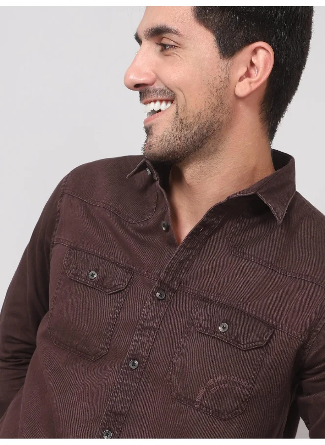 بيونغ Rustic Maroon Cotton Twill Casual Shirt for Men