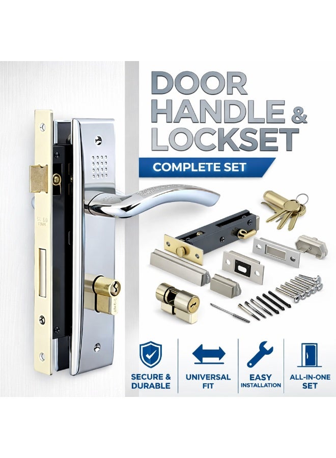 Midwest Door Handle & Lock Complete Set – Chrome Lever Handle with Key Lock, Universal Fit, Easy Installation for Home & Office Doors - Image 1